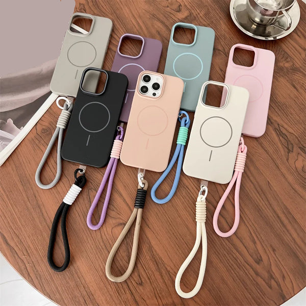 Candy Color Liquid Silicone MagSafe iPhone Case with Lanyard – Shockproof Magnetic Strap Cover for iPhone 11–16 Pro Max