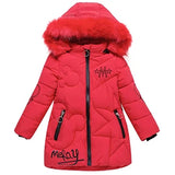 Red winter coat with fur hood on a white background