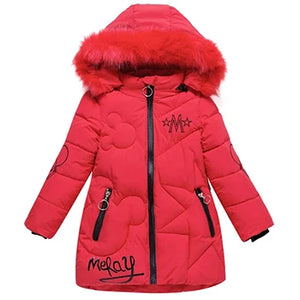 Red winter coat with fur hood on a white background