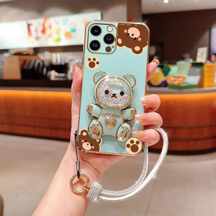 Diamond Wrist Strap Bear Case for iPhone 11 12 13 14 15 16 Stand Cover