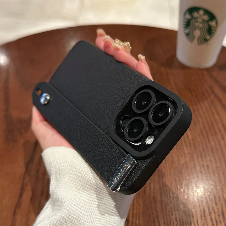 Luxury leather wrist strap stand iPhone case with full protection, fits iPhone 11, 12, 13, 14, 15, and 16 Pro Max & Plus.