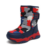 Camouflage-patterned snow boot with red, blue, and gray colors on a white background