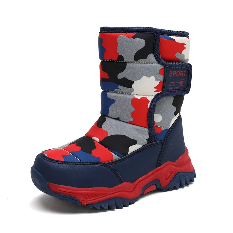Camouflage-patterned snow boot with red, blue, and gray colors on a white background