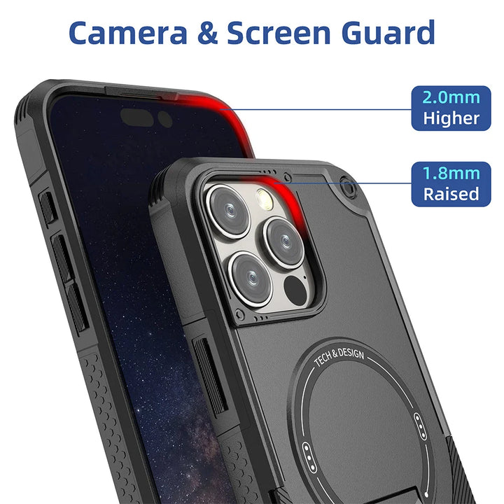 Military Shockproof Magnetic Case with Kickstand for iPhone 11–16 – Rugged Armor with Foldable Holder – Black, Green, Gold, Pink