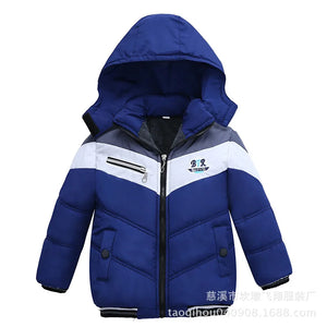 Blue children's winter jacket with a white stripe on a white background