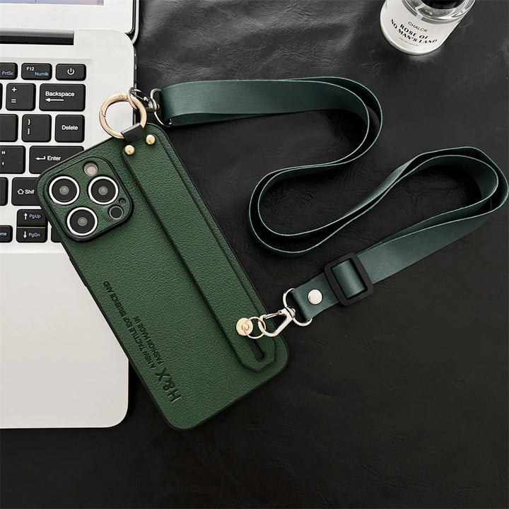 Luxury Litchi Leather Wrist Strap Crossbody Phone Case for iPhone 15 14 Pro Max in Retro Vintage Design