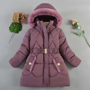 Purple winter coat with pink fur hood on a gray background