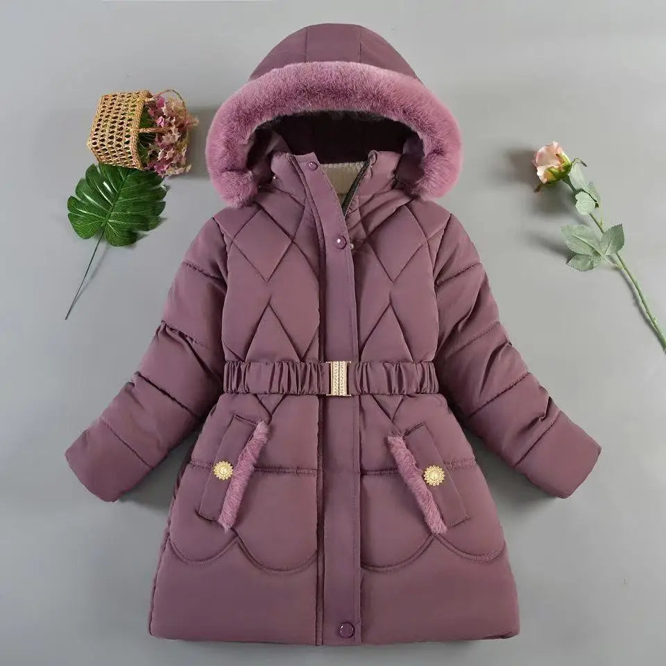 Purple winter coat with pink fur hood on a gray background