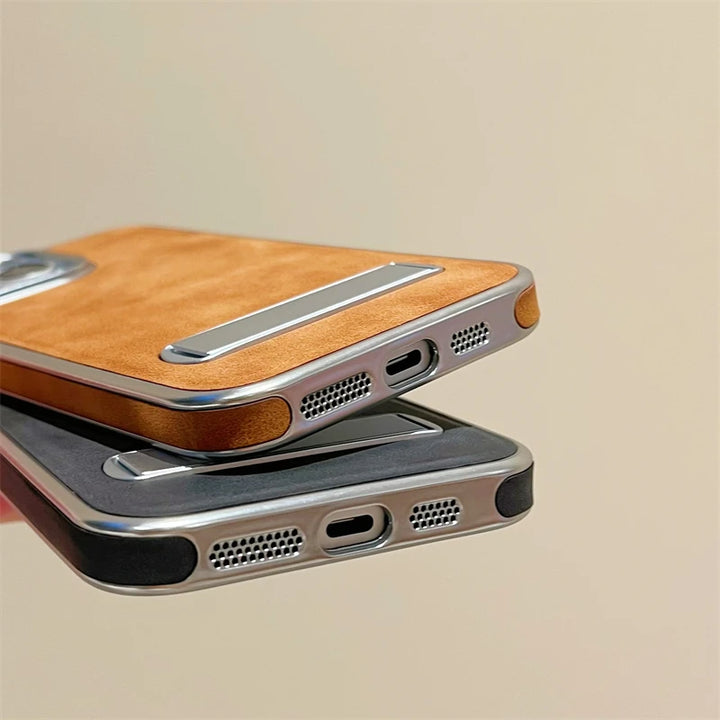 Luxury Plating Leather Metal Holder Case for iPhone 11/12/13/14/15 Pro Max Plus with Shockproof and Stylish Design