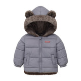 Children's gray puffer jacket with bear ears and brown interior on a white background
