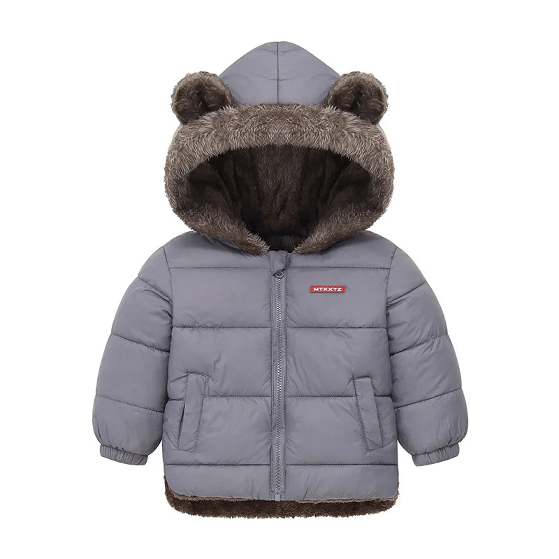 Children's gray puffer jacket with bear ears and brown interior on a white background
