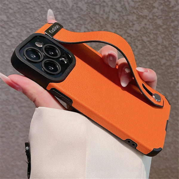 Luxury leather wrist strap stand iPhone case with full protection, fits iPhone 11, 12, 13, 14, 15, and 16 Pro Max & Plus.