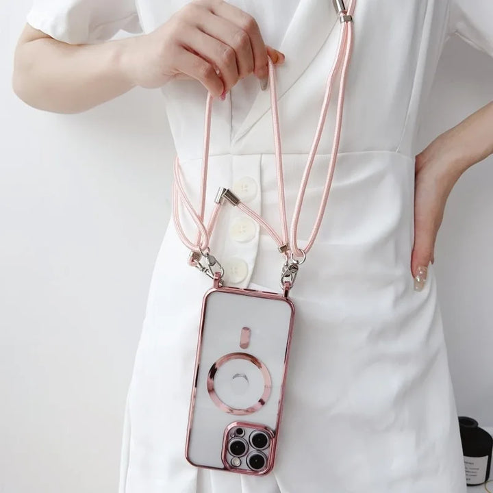 Plating Magnetic Strap Case for iPhone 11, 12, 13, 14, 15, 16 Pro Max Plus - Crossbody Lanyard, Clear Cover, Shockproof, Anti-Scratch