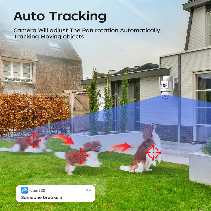 Security camera system with auto tracking feature in a residential setting.