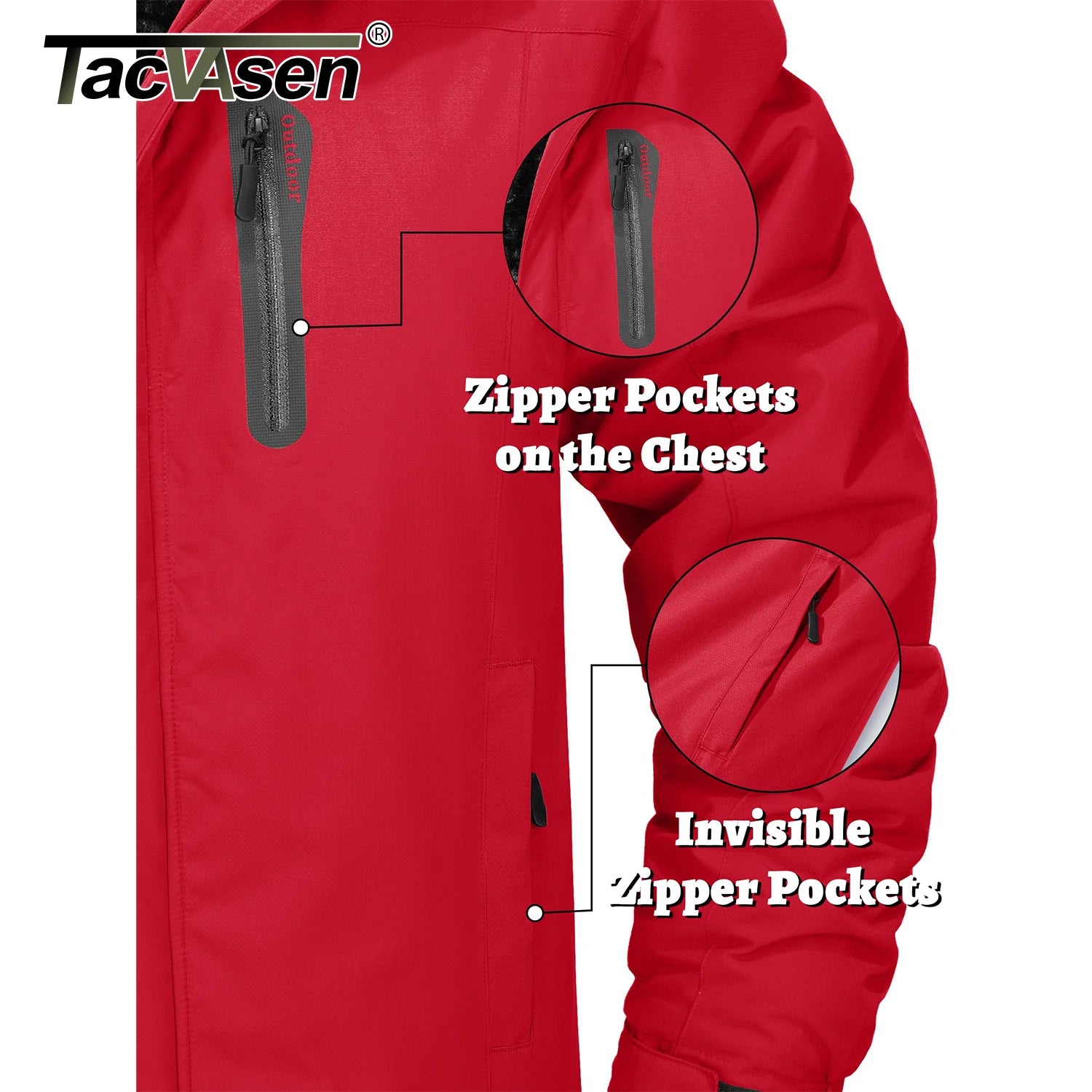 Red jacket with zipper pockets on the chest and invisible zipper pockets highlighted, featuring TacVesen branding.