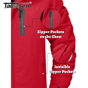 Red jacket with zipper pockets on the chest and invisible zipper pockets highlighted, featuring TacVesen branding.