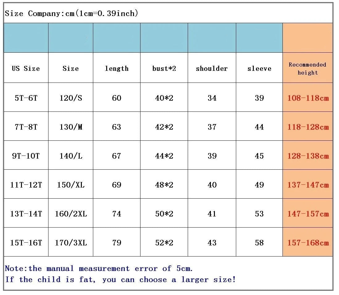 Size chart for children's clothing with measurements in centimeters and inches.