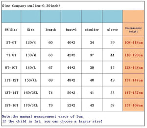 Size chart for children's clothing with measurements in centimeters and inches.
