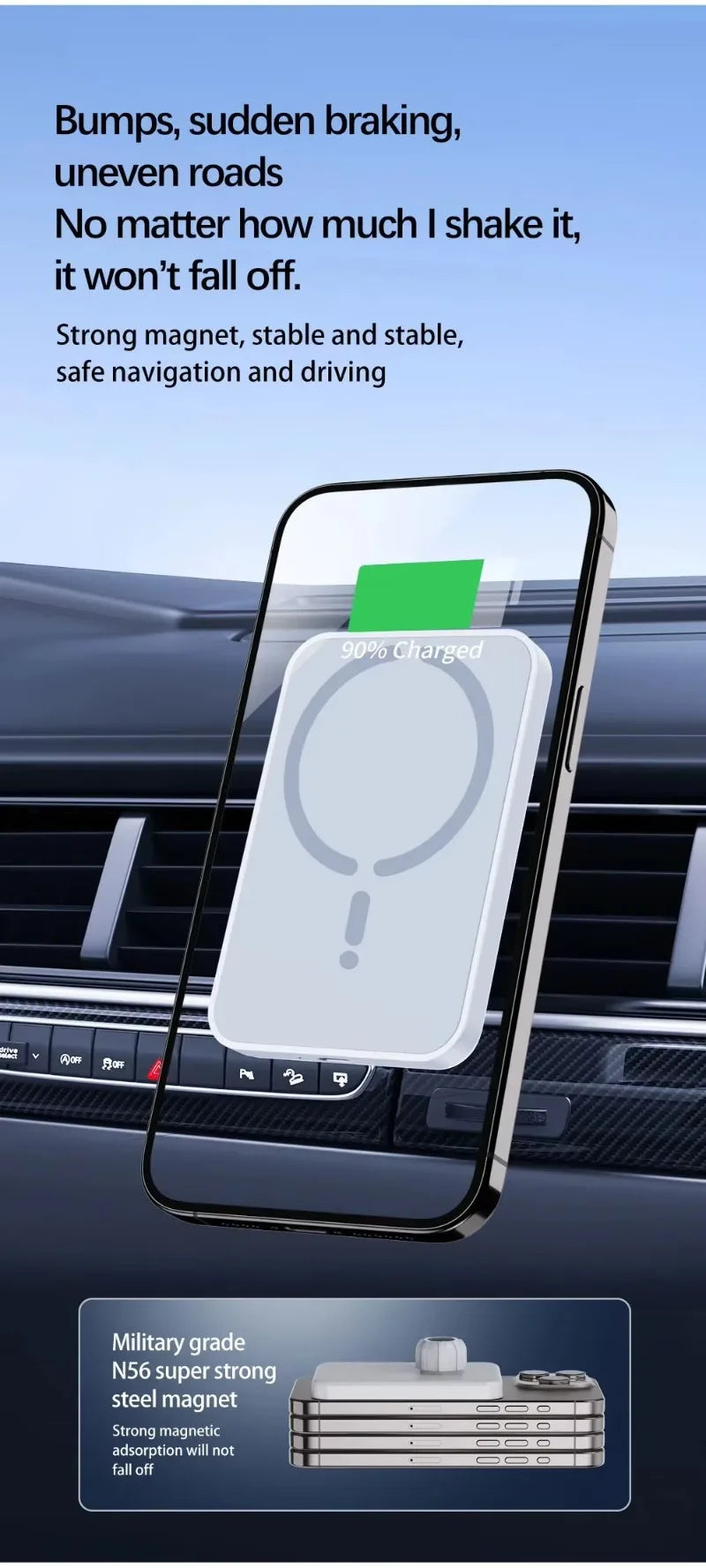 Car air vent with a wireless charging pad and magnet, showing stability and durability.