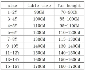 Table size chart for children's furniture with height recommendations.