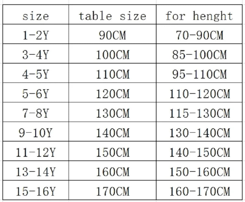 Table size chart for children's furniture with height recommendations.