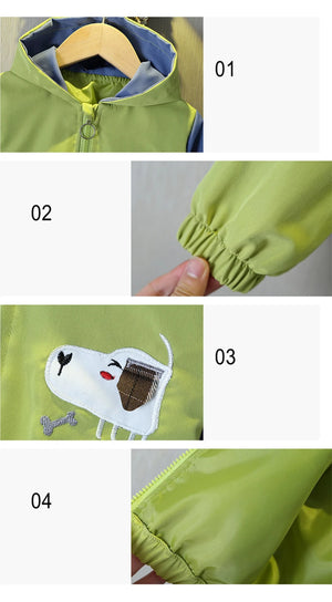 Collage of a green children's jacket with different views and details.
