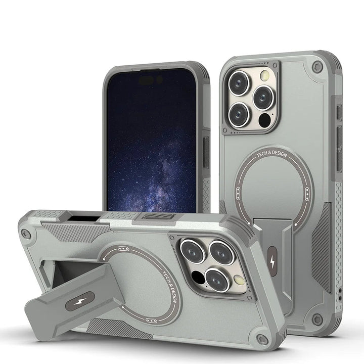Military Shockproof Magnetic Case with Kickstand for iPhone 11–16 – Rugged Armor with Foldable Holder – Black, Green, Gold, Pink
