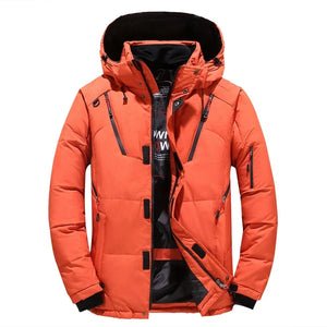 Orange winter jacket with black interior on a white background