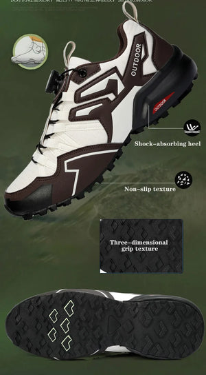 White and black outdoor shoe with text highlighting features on a green background