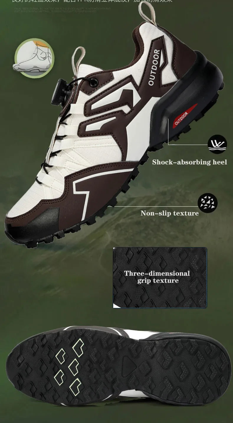 White and black outdoor shoe with text highlighting features on a green background