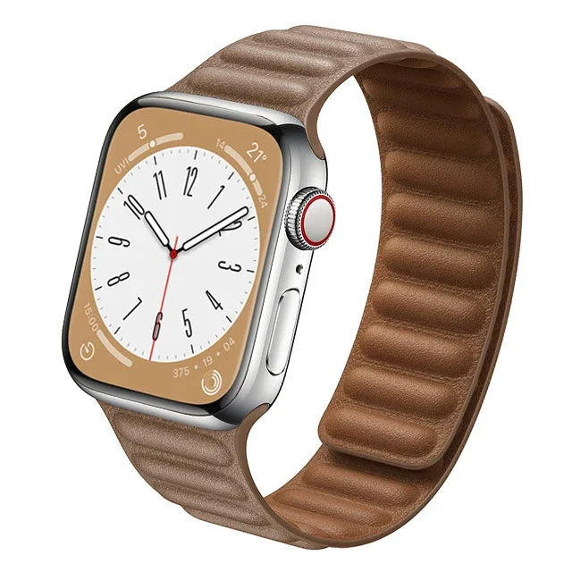 Stylish genuine leather Apple Watch band with magnetic loop closure, available in multiple colors.