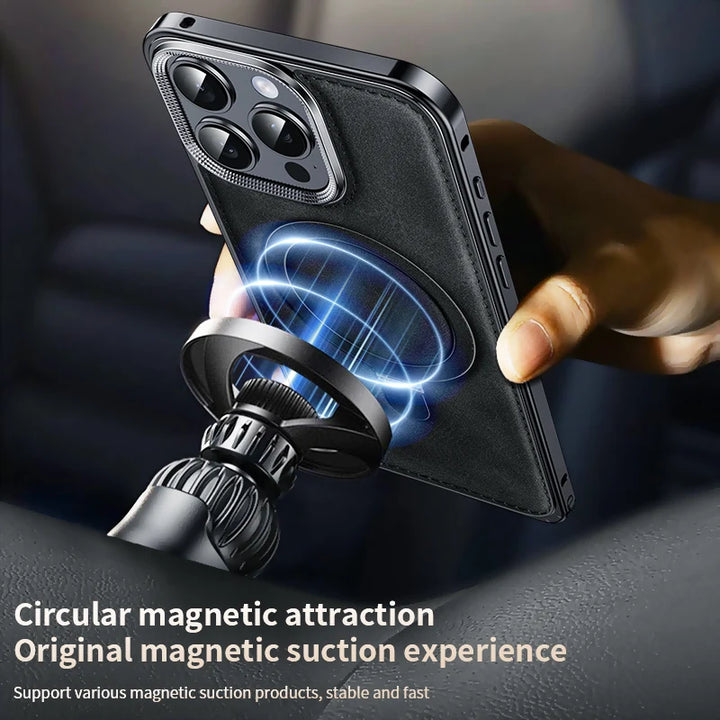 Luxury Business Leather Case for iPhone 14 15 Pro Max with Metal Frame and Built-in Stand, Premium Design