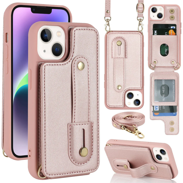 Crossbody Leather Wallet Case for iPhone 16/15/14/13/12/11 with Card Slot, Wristband & Lanyard