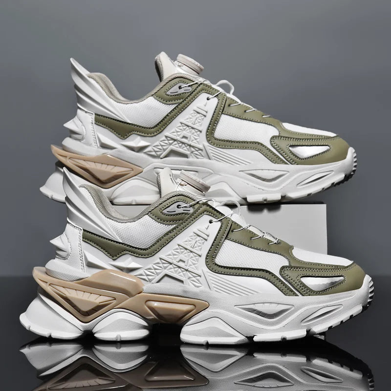 White and green sneakers with beige accents on a reflective surface and gray background