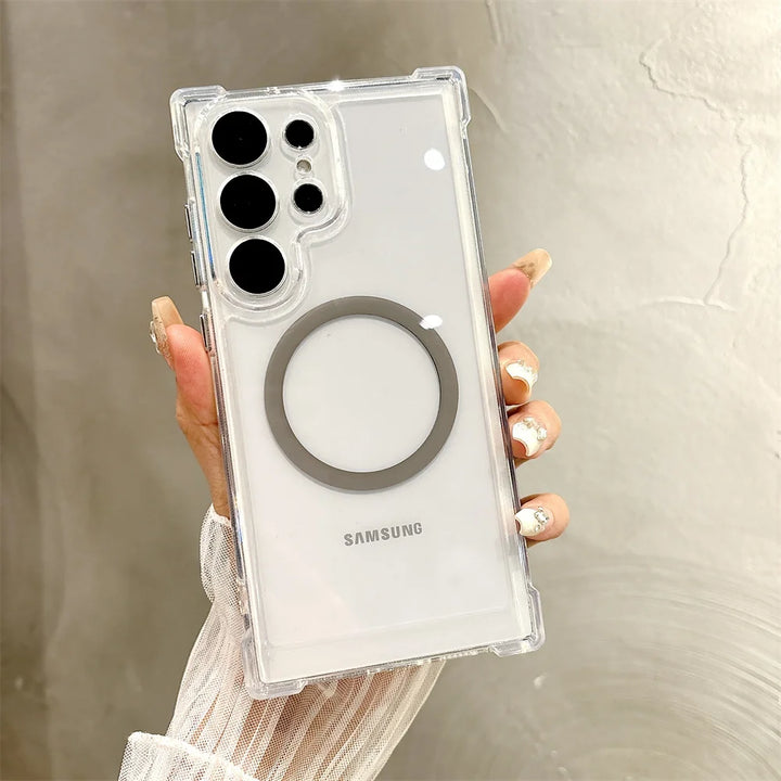 Transparent Armour Magnetic Case with reinforced corners, shockproof design, and wireless charging support for Samsung S25, S24, S23, S22, S21.