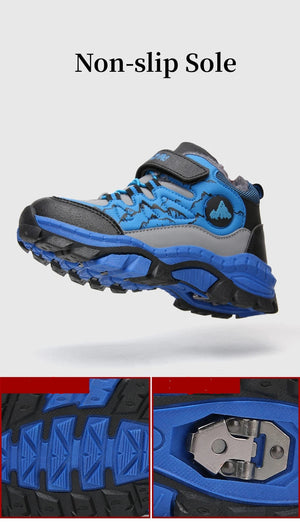 Blue and gray hiking boot with non-slip sole on a white background