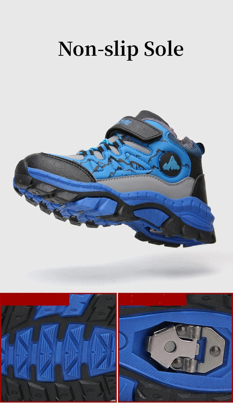 Blue and gray hiking boot with non-slip sole on a white background