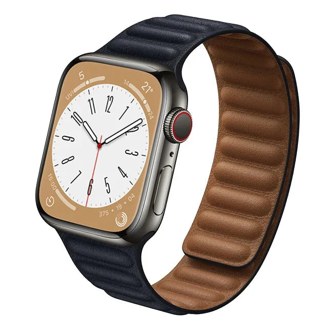 Stylish genuine leather Apple Watch band with magnetic loop closure, available in multiple colors.