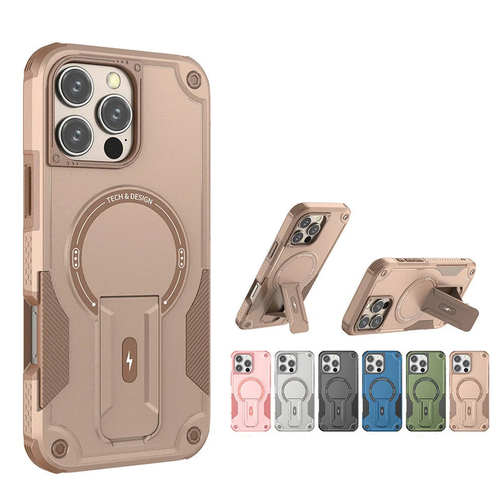 Military Shockproof Magnetic Case with Kickstand for iPhone 11–16 – Rugged Armor with Foldable Holder – Black, Green, Gold, Pink