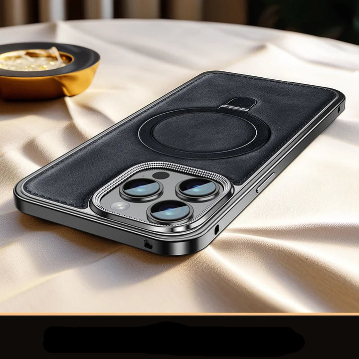 Luxury Business Leather Case for iPhone 14 15 Pro Max with Metal Frame and Built-in Stand, Premium Design