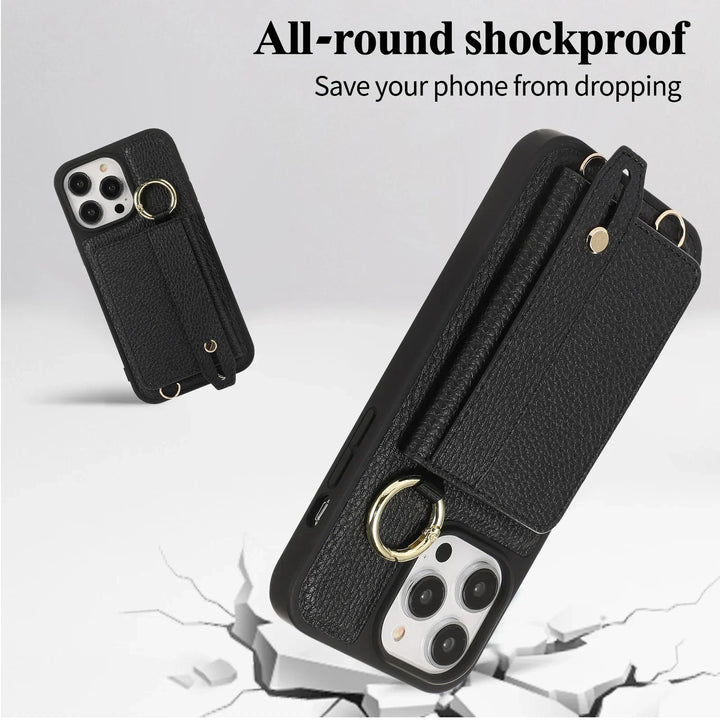 Leather Crossbody Wallet Case with Wristband and Card Slot for iPhone 15/16/14/13/12/11