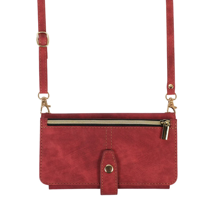 Crossbody wallet case for iPhone with card holder, lanyard, and kickstand for hands-free use.