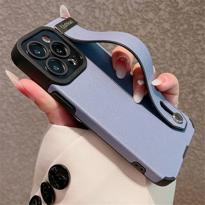 Luxury leather wrist strap stand iPhone case with full protection, fits iPhone 11, 12, 13, 14, 15, and 16 Pro Max & Plus.