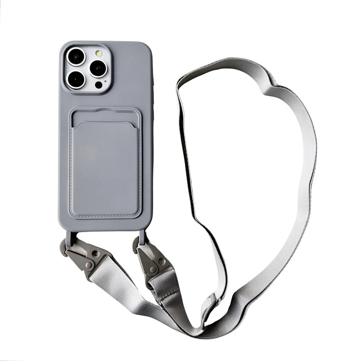 Crossbody Lanyard Necklace Rope Wallet Silicone Case For iPhone 16 15 Plus 14 13 12 11 Pro Max Slot Card Holder Plain Back Cover