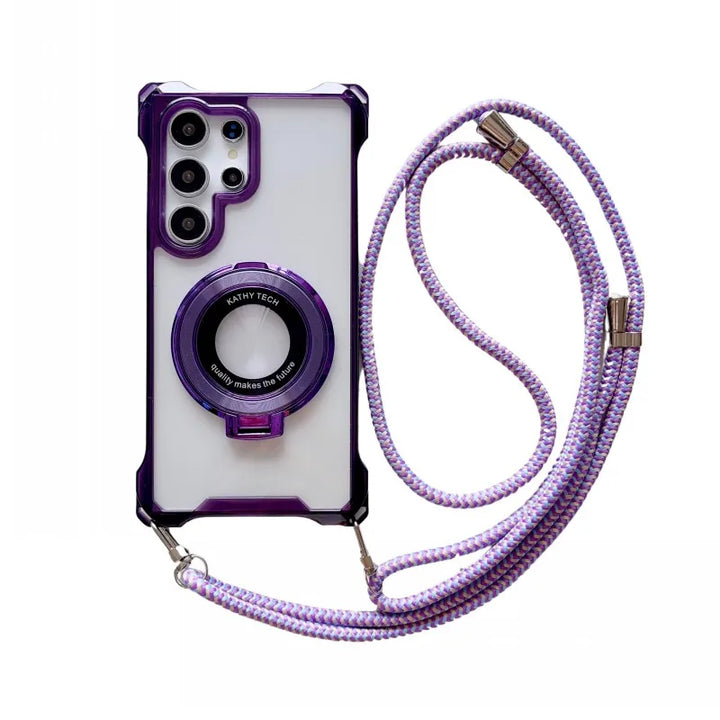 Magnetic Lanyard Strap Case with Stand for Samsung Galaxy S20-S24 Ultra, Transparent Crossbody Design