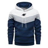 Color-blocked hoodie with a logo on a white background