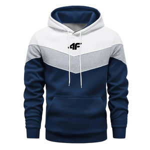 Color-blocked hoodie with a logo on a white background