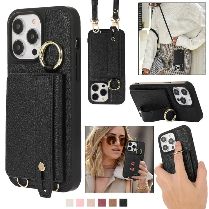 Luxury Leather Wallet Case with Lanyard, Ring Holder, and Flip Stand for iPhone 15/14/13/12/11