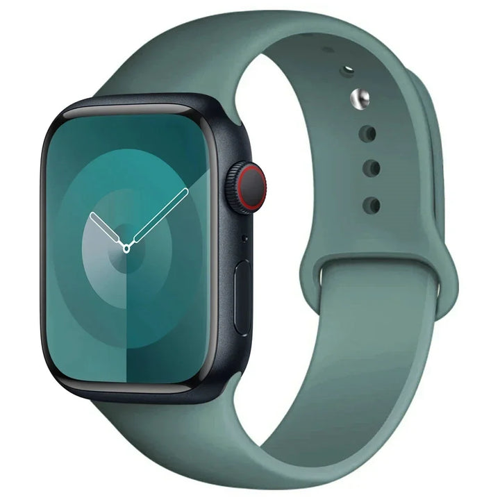 Silicone sport band for Apple Watch, compatible with Series 9/8/7/6/5/SE/Ultra, shown in vibrant colors.
