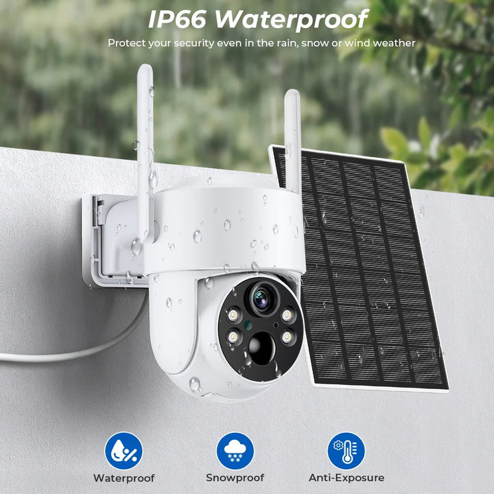 Outdoor security camera with solar panel on a wall, featuring IP66 waterproof rating.